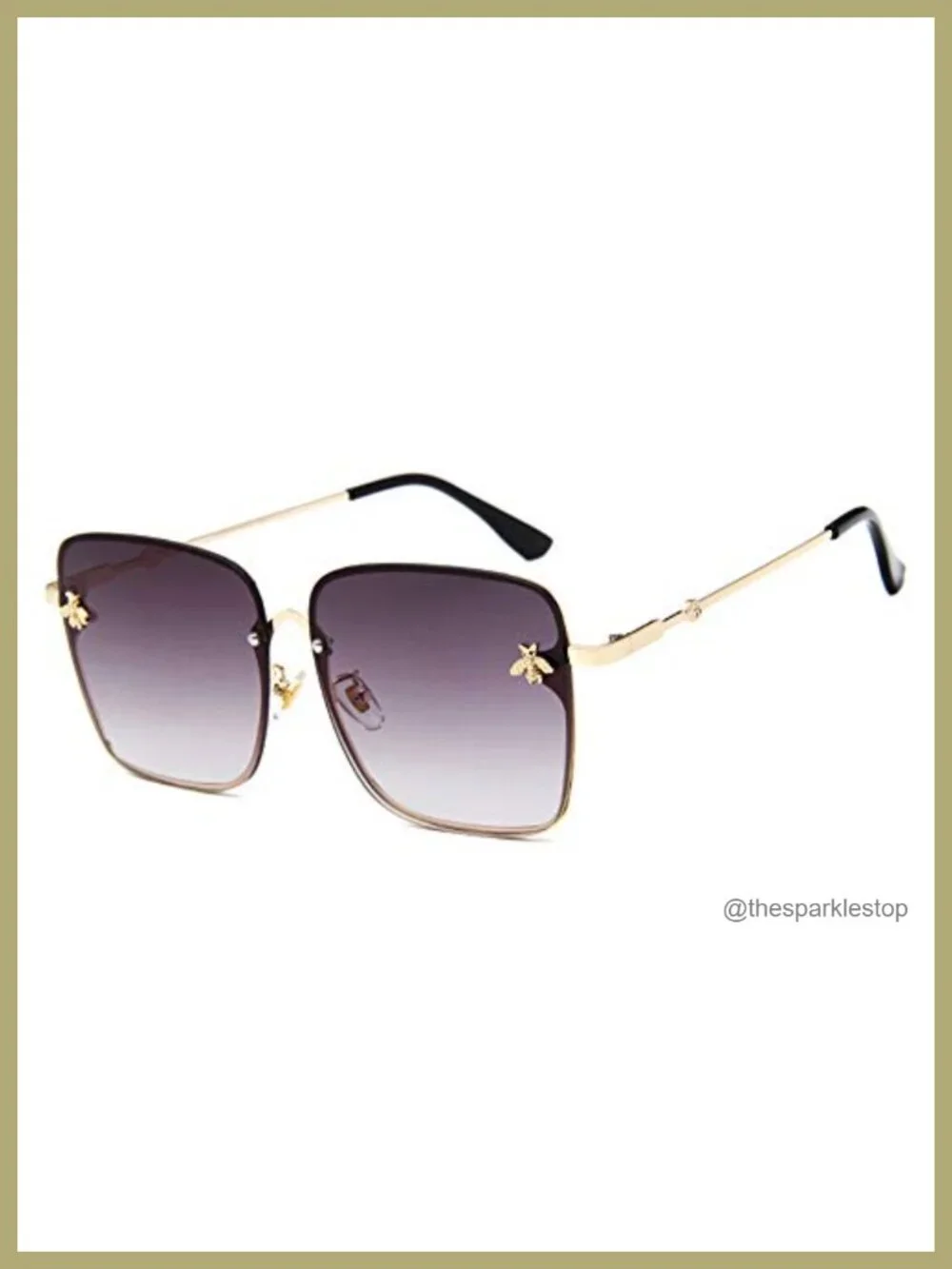 Oversized Square Metal Frame Sunglasses with Bee Decor